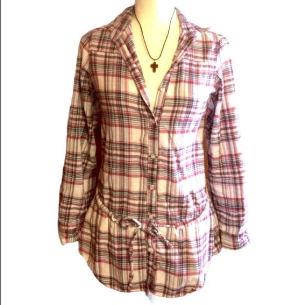 Plaid button down multicolored tie waist shirt